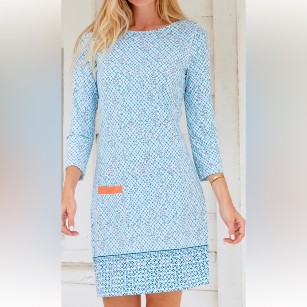 Cabana Life Light Blue Mosaic Mini Dress with Coral Pocket